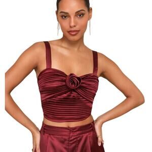 Lulus Flawless Behavior Burgundy Satin Pleated Rosette Tank Top size M